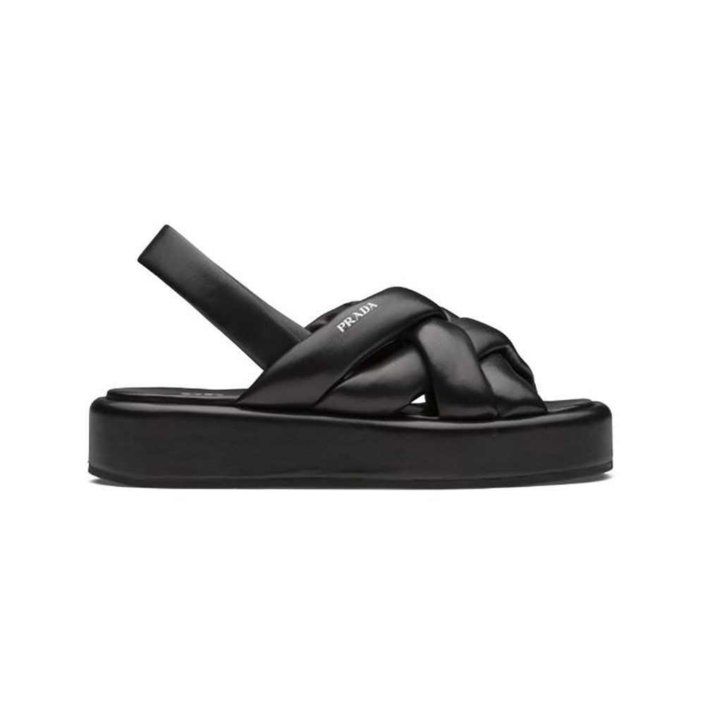 Side view of Prada Women Nappa Leather Flatform Sandals-Black showing silhouette