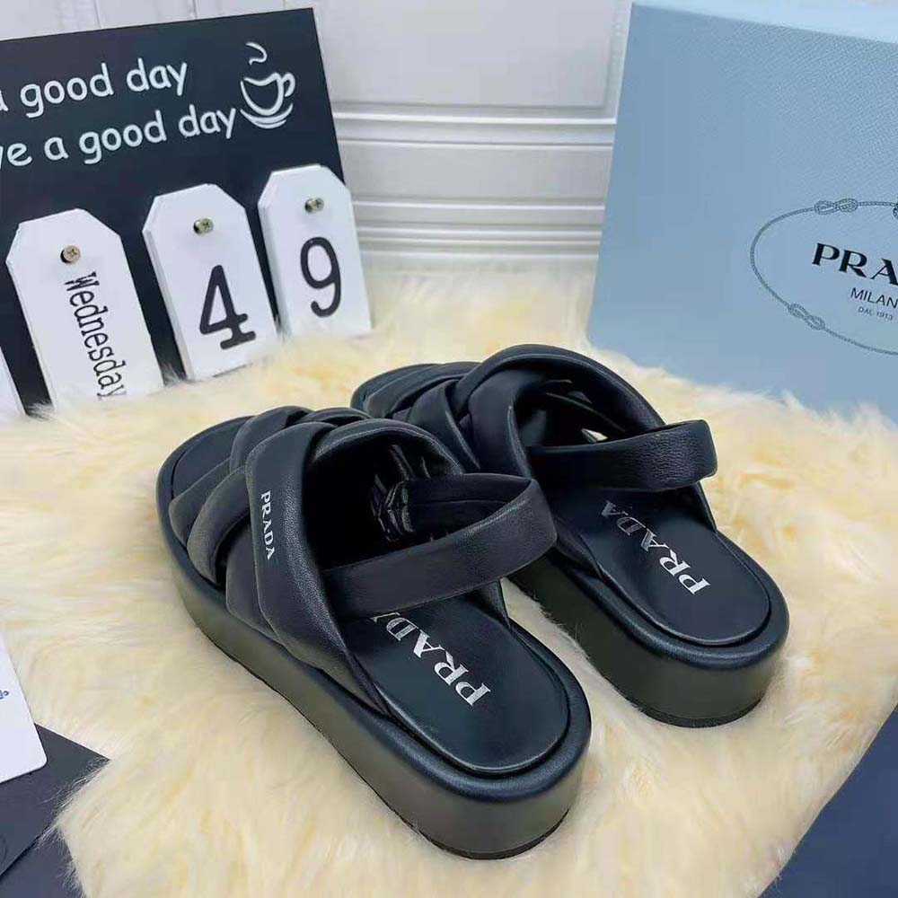 Top view of Prada Women Nappa Leather Flatform Sandals-Black displaying adjustable closure