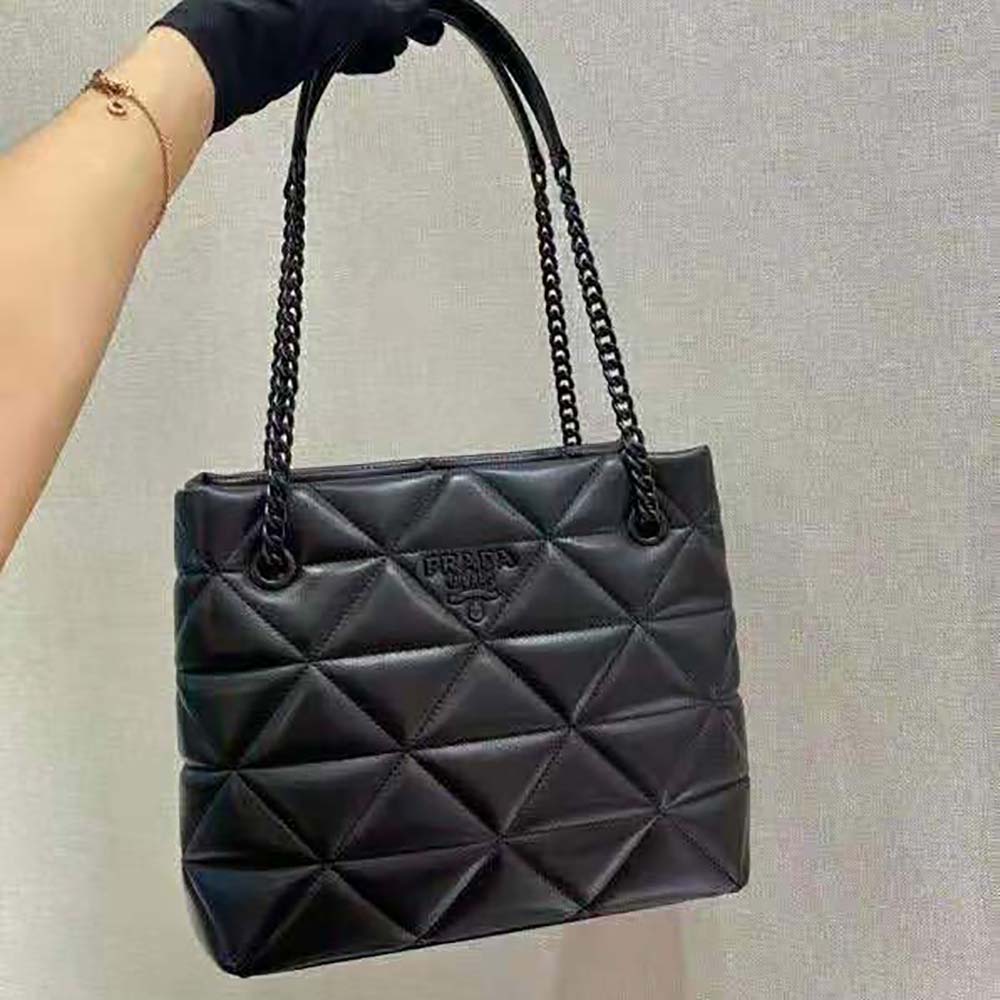 Close-up of black nappa leather texture on Prada Spectrum Tote