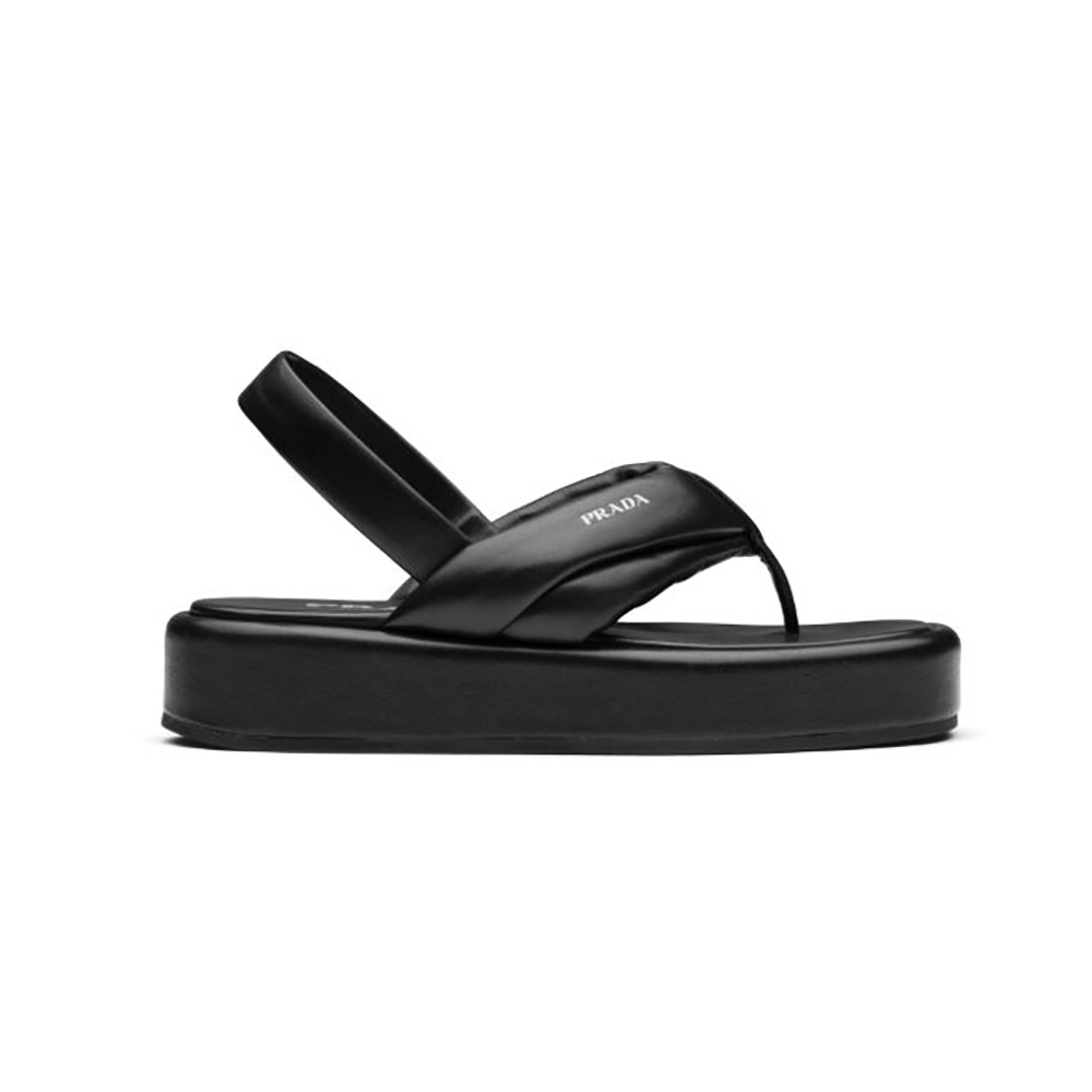 Side view of Prada Women Nappa Leather Thong Flatform Sandals-Black