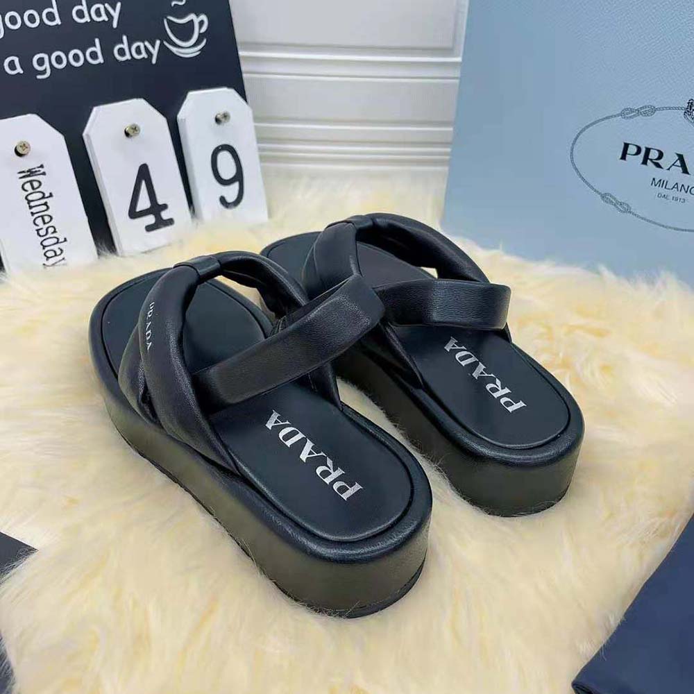 Prada Women Nappa Leather Thong Flatform Sandals-Black - image 5