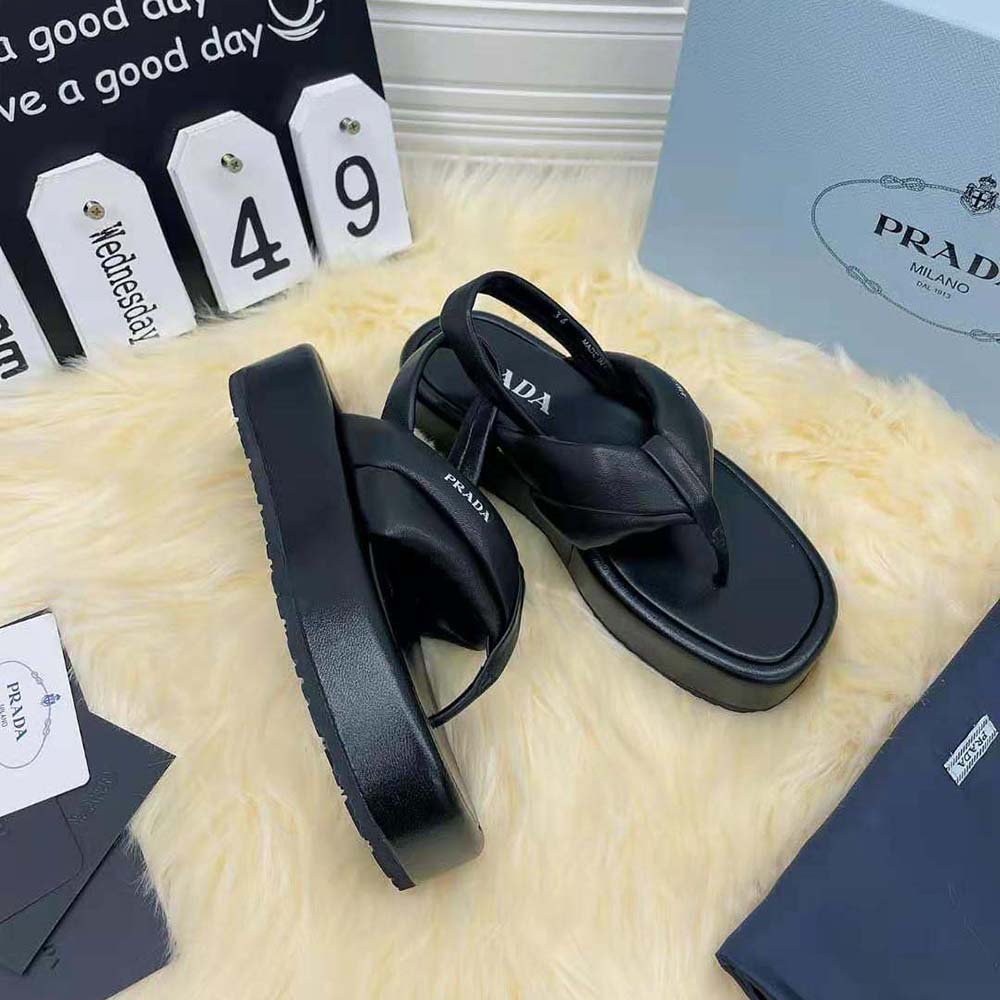 Prada Women Nappa Leather Thong Flatform Sandals-Black - image 4