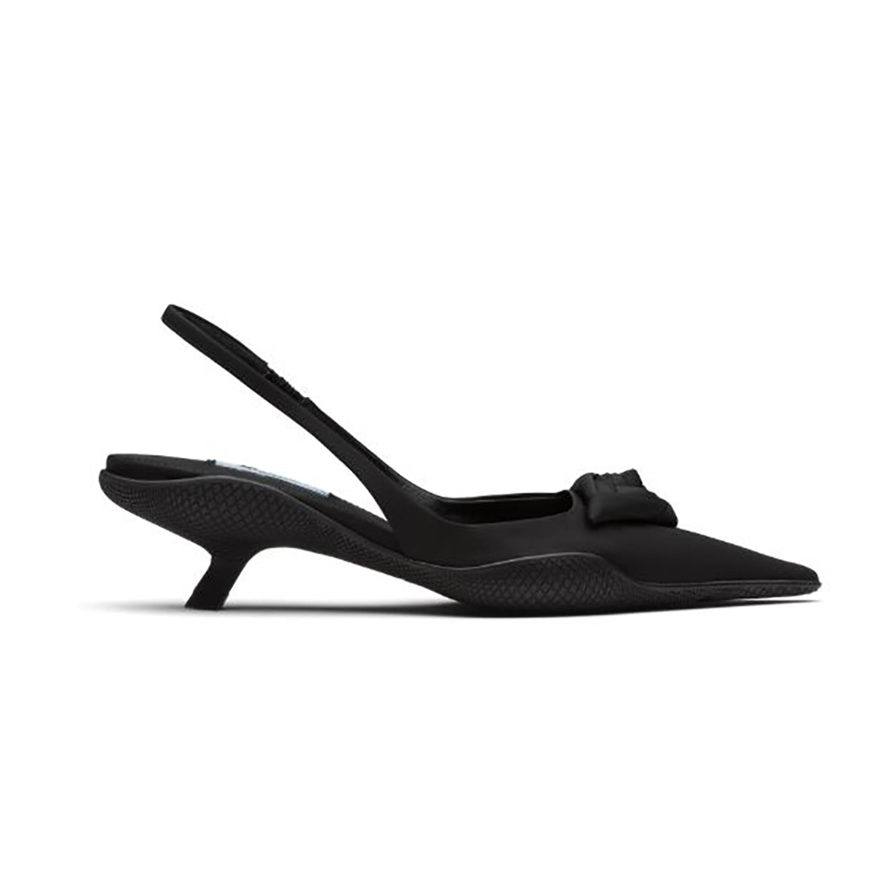 Side profile of Prada Women Nylon Gabardine Slingback Pumps-Black showing heel height