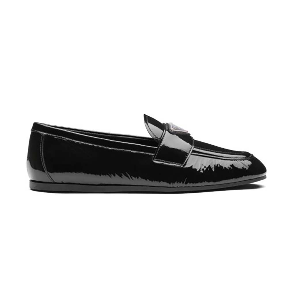 Side view of Prada Women Patent Leather Loafers in 5mm Heel-Black