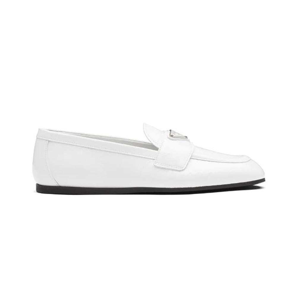 Side view of Prada Women Patent Leather Loafers in 5mm Heel-White
