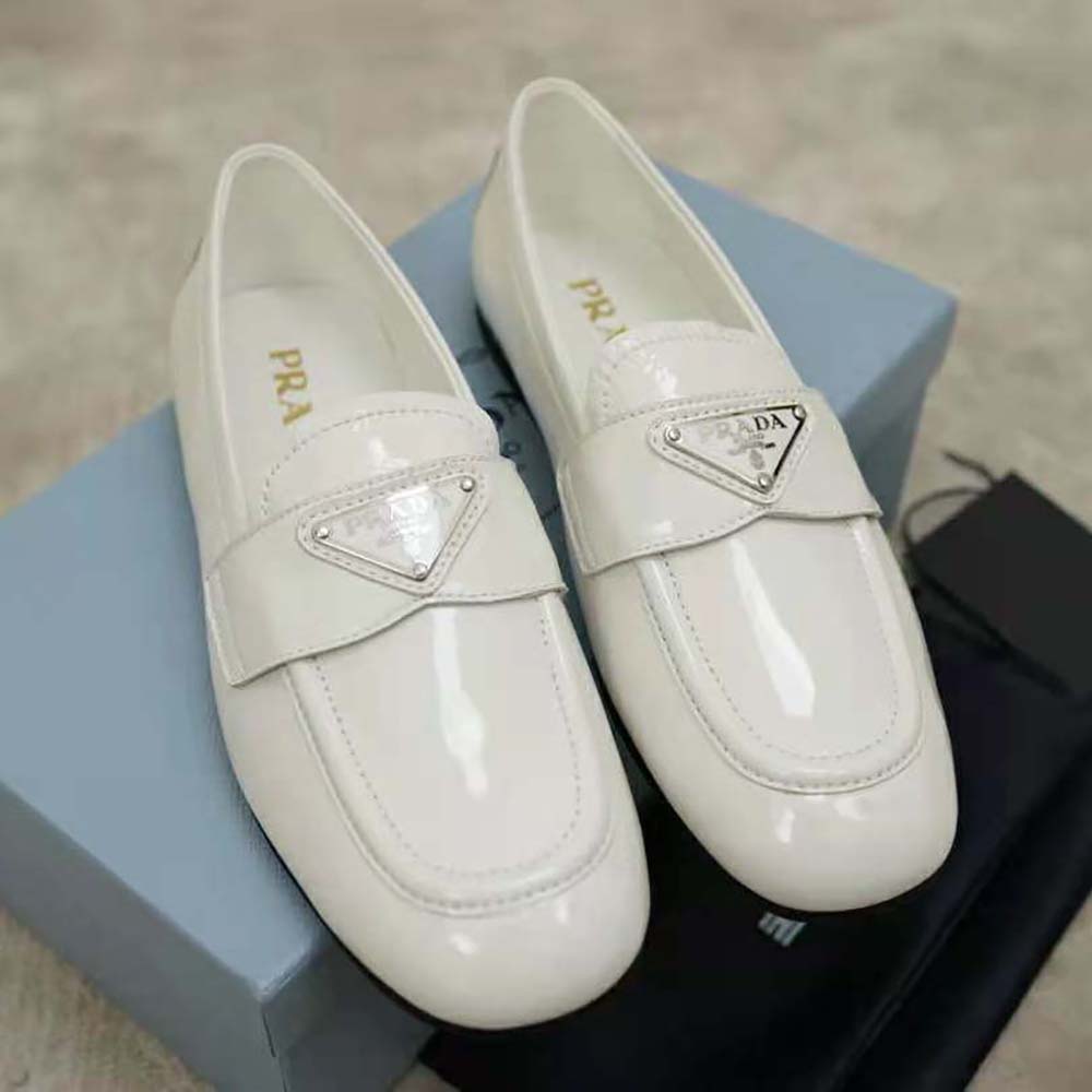 Close-up of glossy patent leather on Prada Women Patent Leather Loafers
