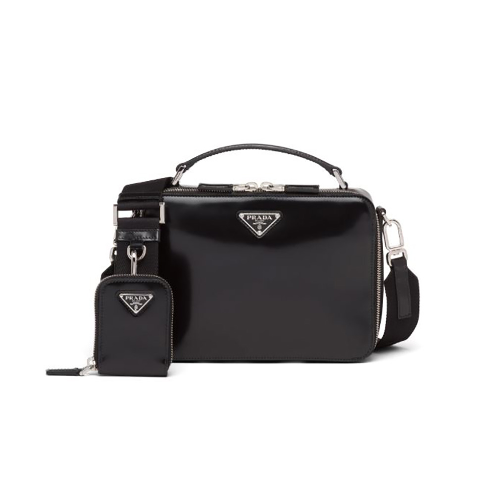 Front view of Prada Women Prada Brique Brushed Leather Bag-Black showing zipper