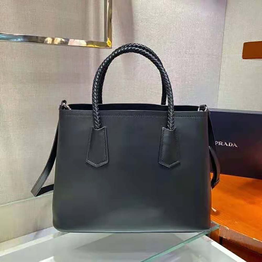 Side view showing shape and strap of Prada Women Prada Double Medium Leather Handbag-Black