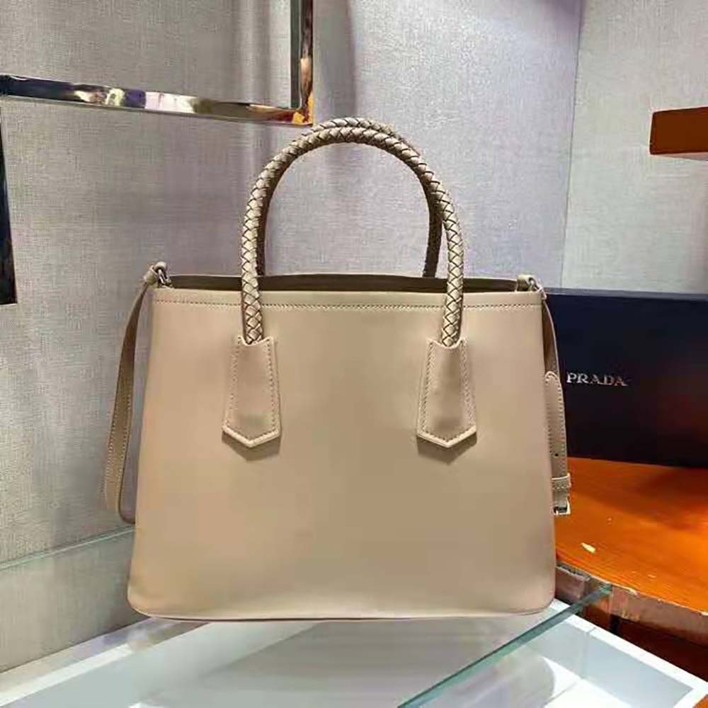 Side angle showing double compartment of Prada Women Prada Double Medium Leather Handbag-Sandy