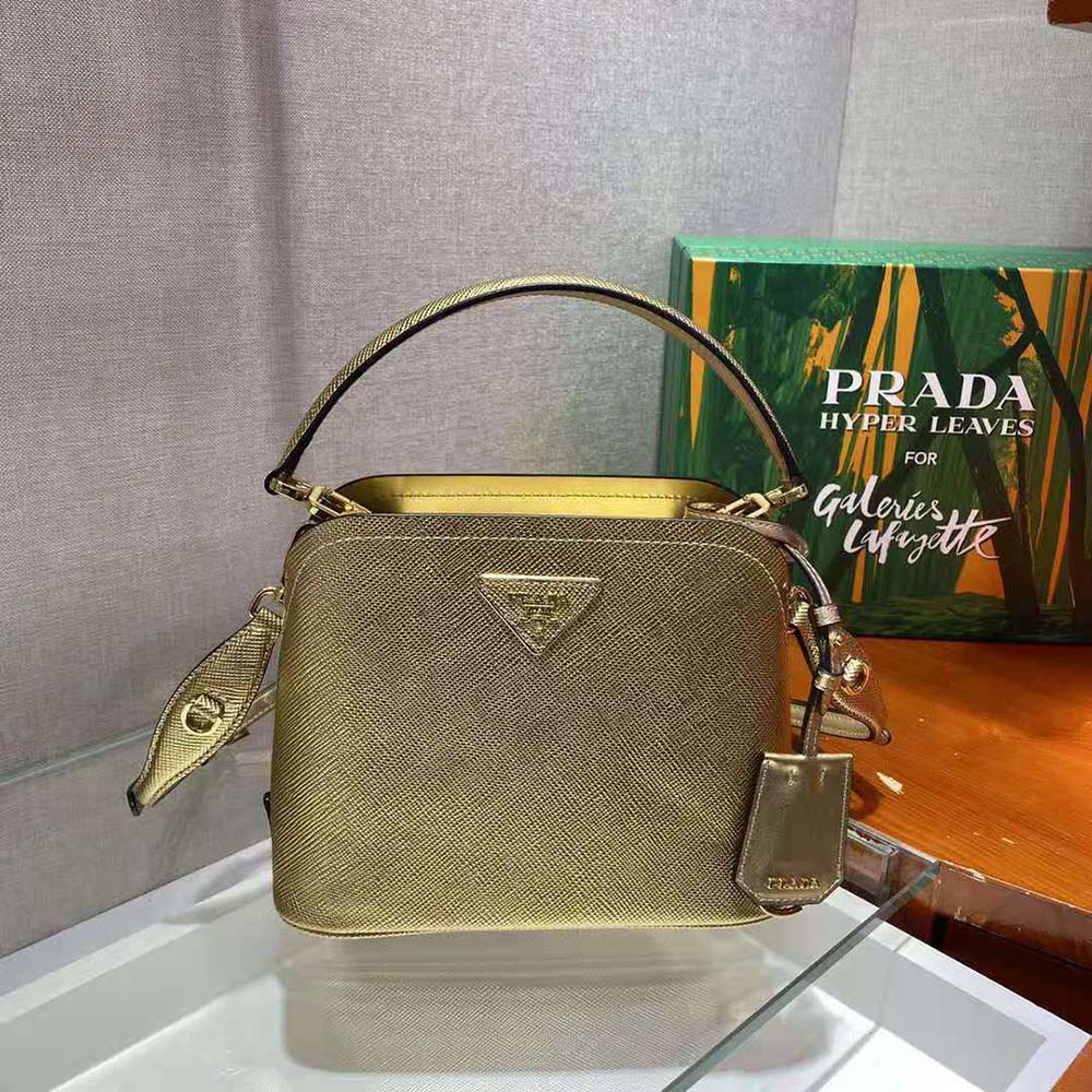 Close-up of gold hardware on Prada Women Prada Matinee Micro Saffiano Leather Bag-Gold