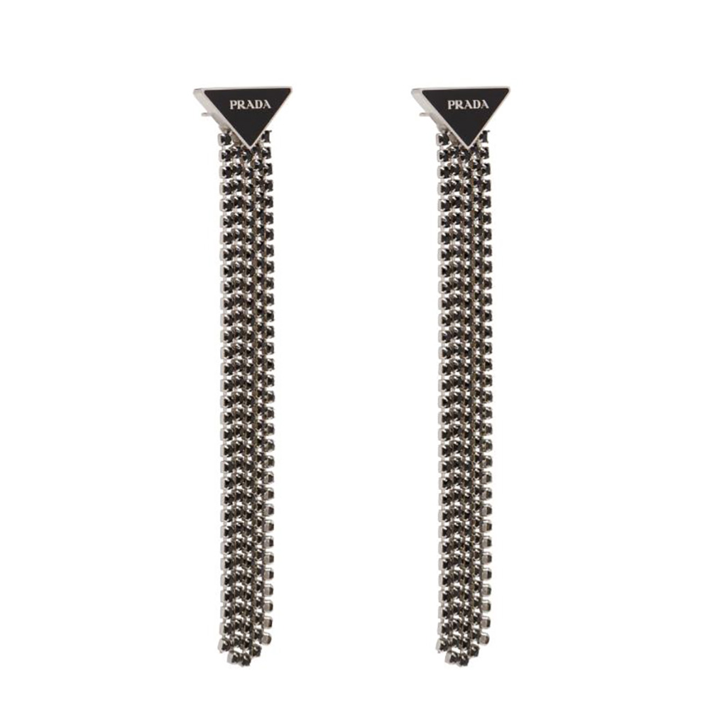 Close-up front view of Prada Women Prada Symbole Drop Earrings-Black