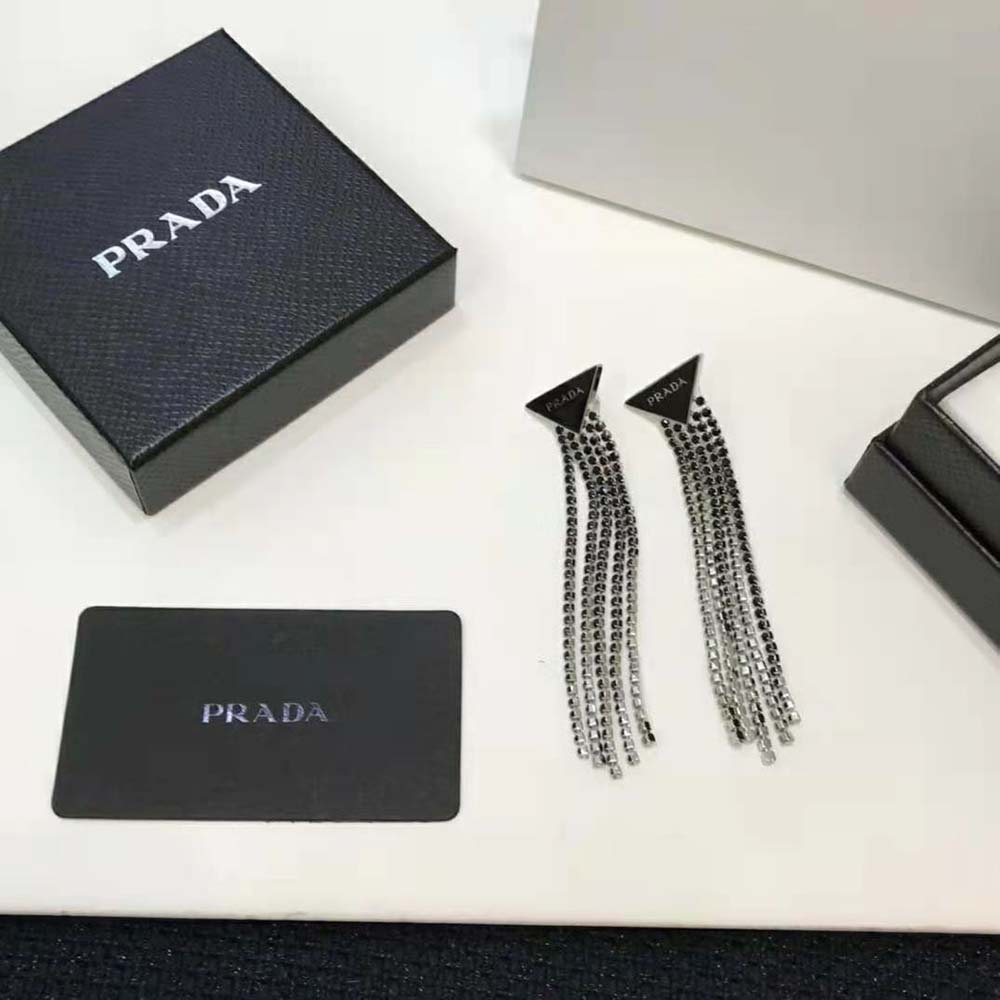 Side angle detailing gold-tone hardware on Prada Women Prada Symbole Drop Earrings-Black
