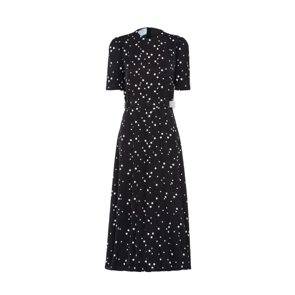 Front view of Prada Women Printed Fluid Twill Dress-Black on mannequin