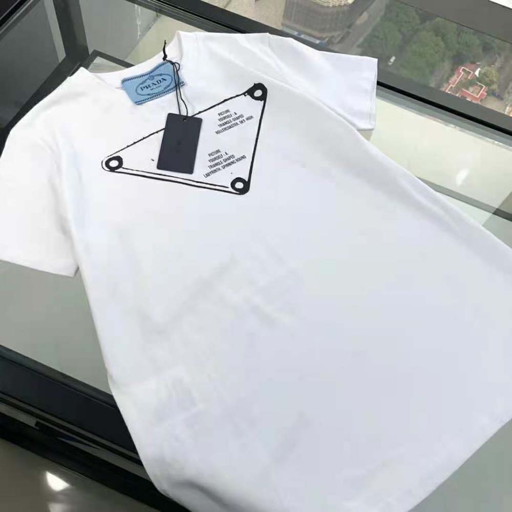 Side angle of fitted silhouette on Prada Women Printed Jersey T-shirt-White