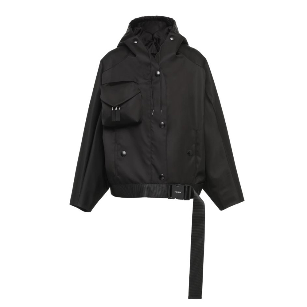 Front view of Prada Women Re-Nylon Gabardine Hooded Blouson Jacket-Black
