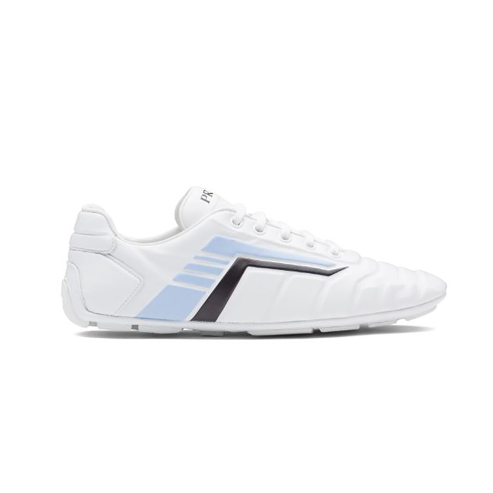 Side view of Prada Women Rev Leather Sneakers-White showing sleek profile