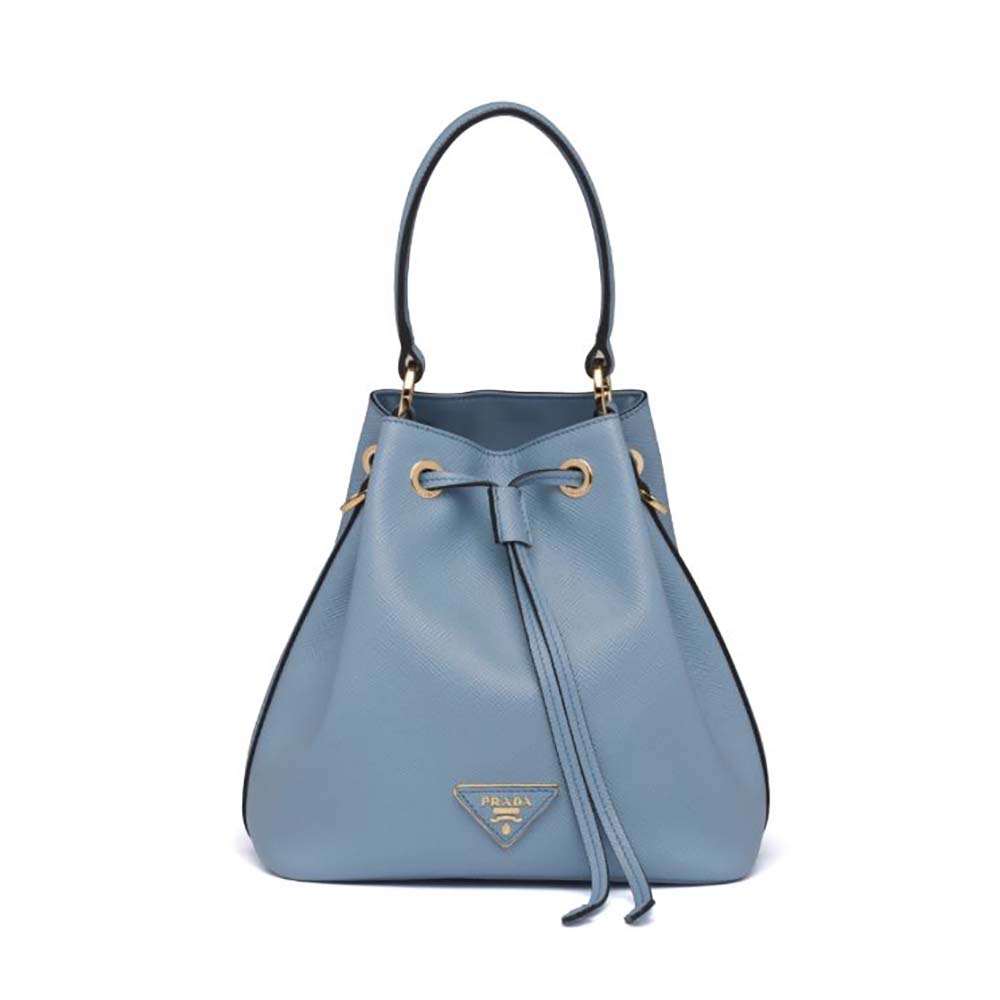 Front view of Prada Women Saffiano Leather Bucket Bag-Blue with gold hardware