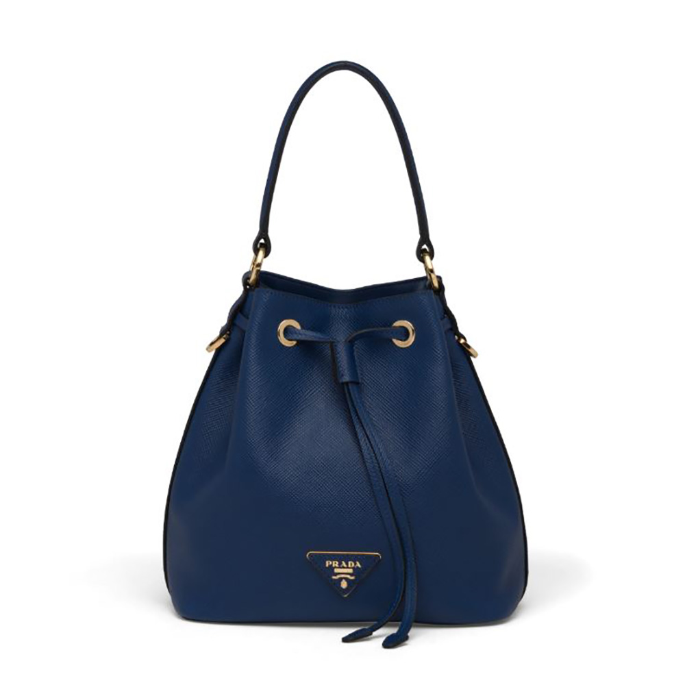 Front view of Prada Women Saffiano Leather Bucket Bag-Navy showcasing drawstring