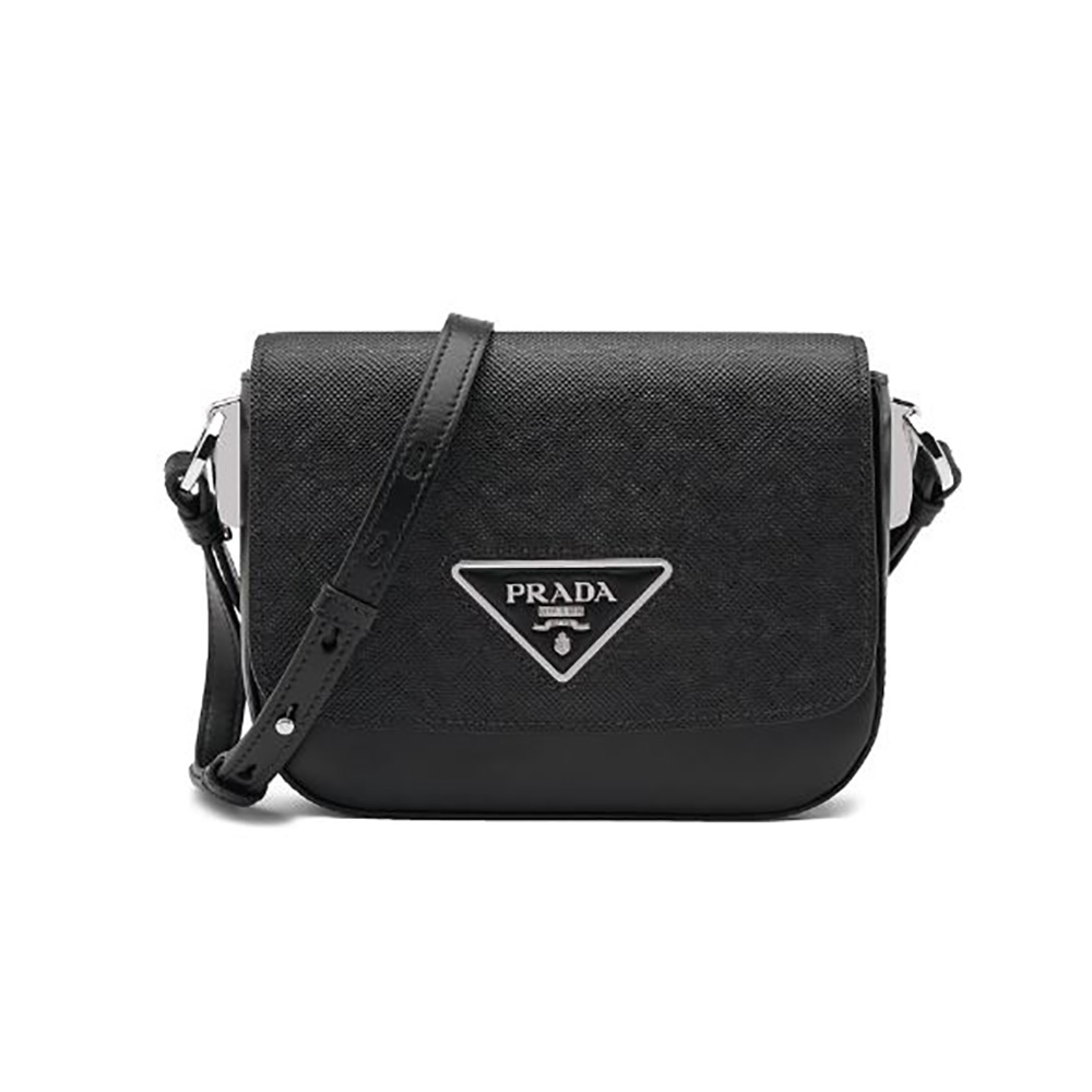 Front view of Prada Women Saffiano Leather Prada Ldentity Shoulder Bag-Black