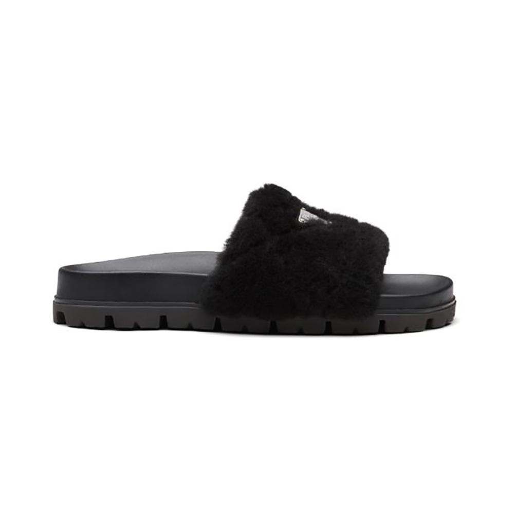 Side view of Prada Women Shearling Slides in 20mm Heel-Black