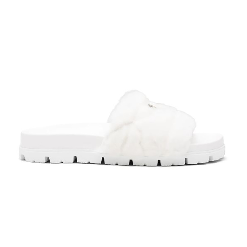 Side view of Prada Women Shearling Slides in 20mm Heel-White