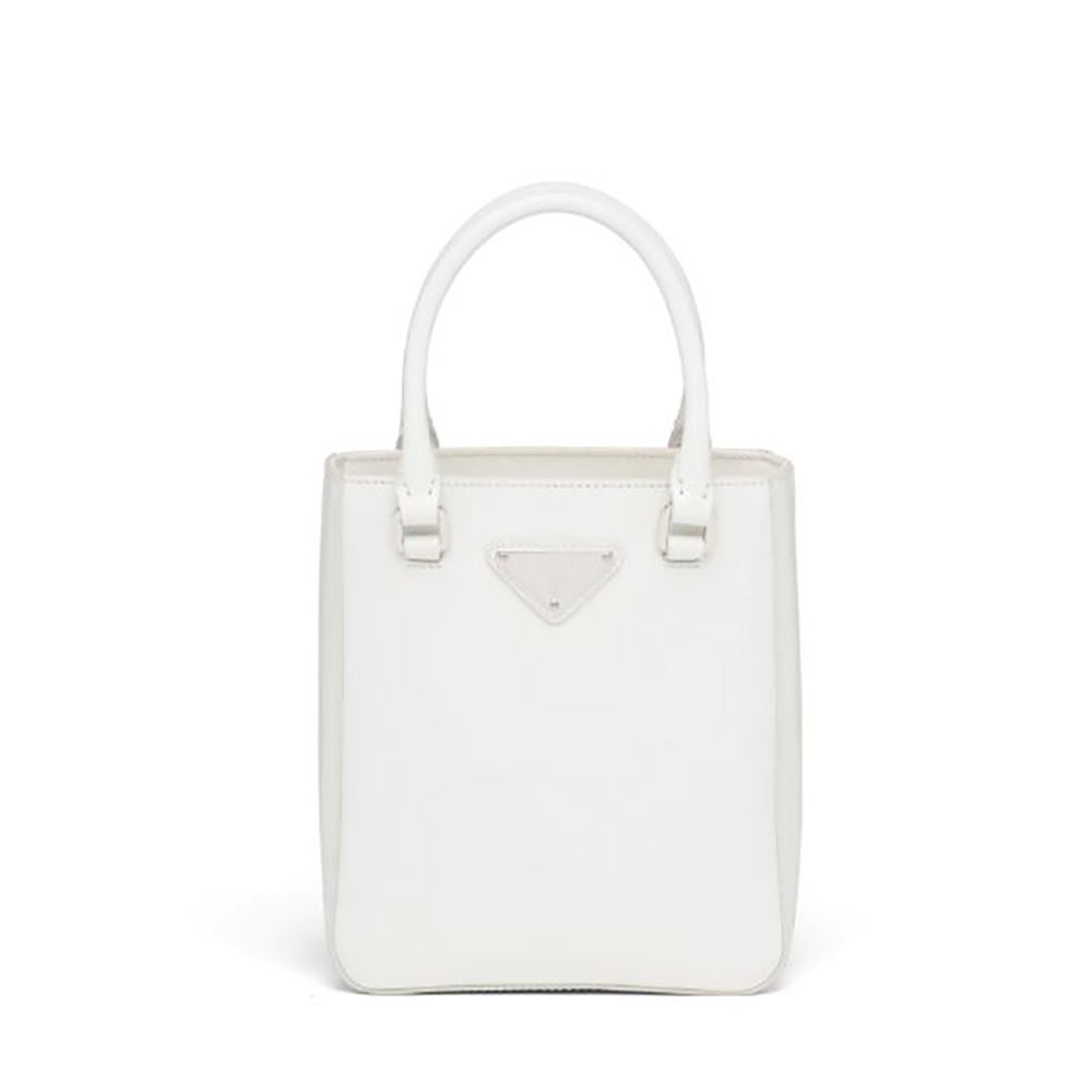 Front view of Prada Women Small Brushed Leather Tote-White with logo