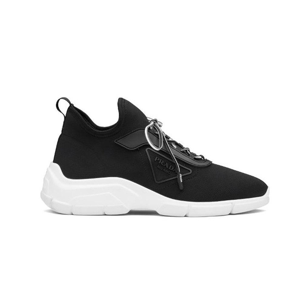 Side profile of Prada Women The Triangle Logo Decorates These Knit Fabric Sneakers-Black