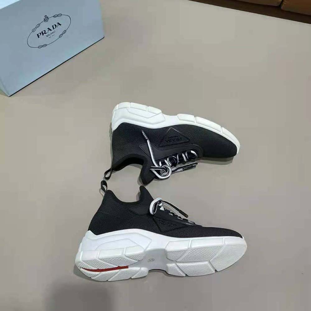 Prada Women The Triangle Logo Decorates These Knit Fabric Sneakers-Black - image 4