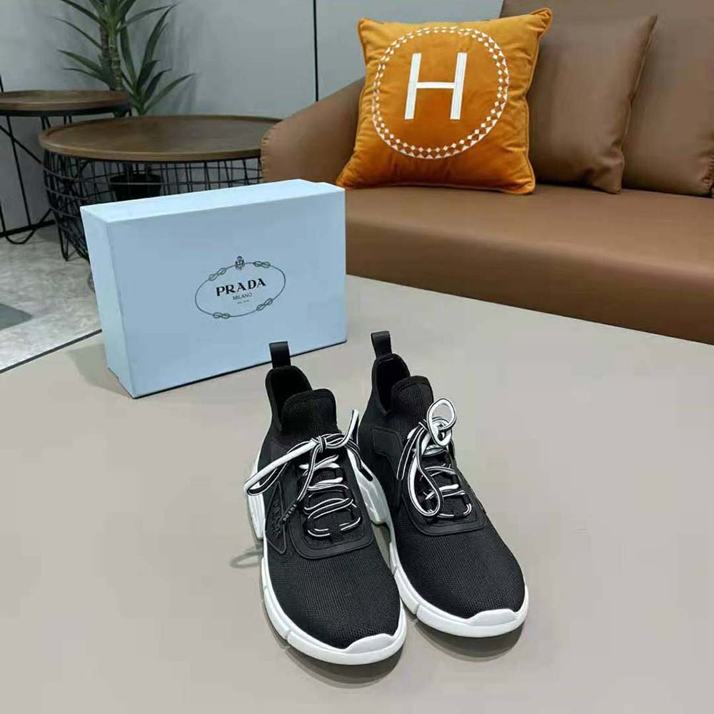 Top view of Prada Women The Triangle Logo Decorates These Knit Fabric Sneakers-Black