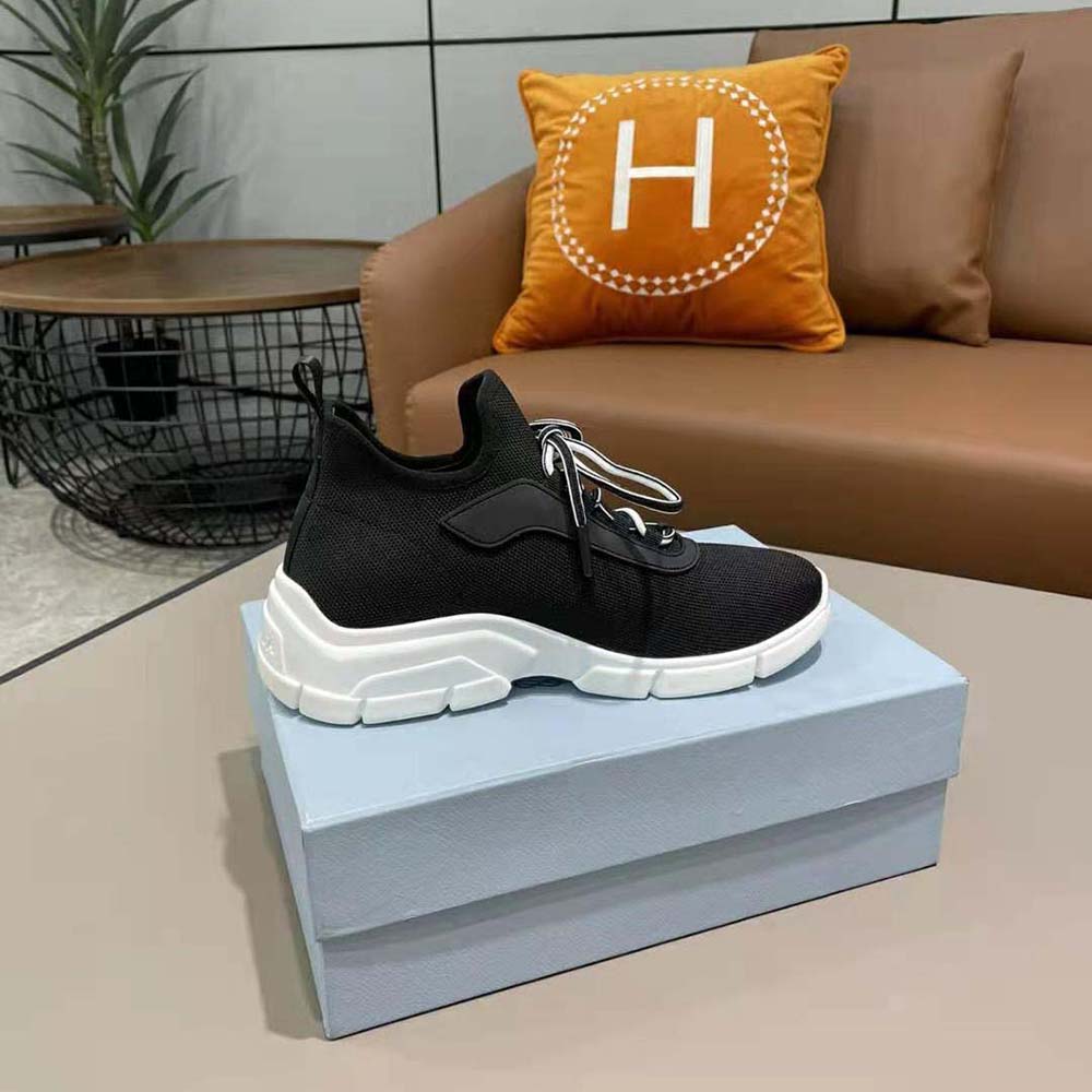 Prada Women The Triangle Logo Decorates These Knit Fabric Sneakers-Black - image 7