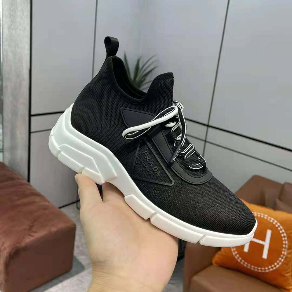 Prada Women The Triangle Logo Decorates These Knit Fabric Sneakers-Black - image 6