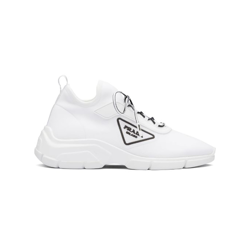 Side view of Prada Women The Triangle Logo Decorates These Knit Fabric Sneakers-White
