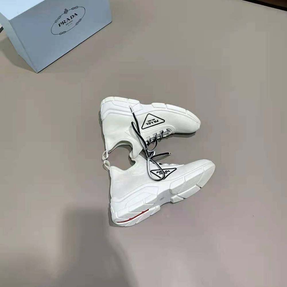Prada Women The Triangle Logo Decorates These Knit Fabric Sneakers-White - image 4