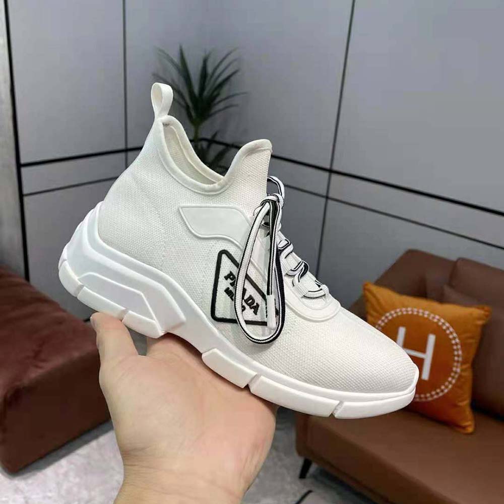 Prada Women The Triangle Logo Decorates These Knit Fabric Sneakers-White - image 8