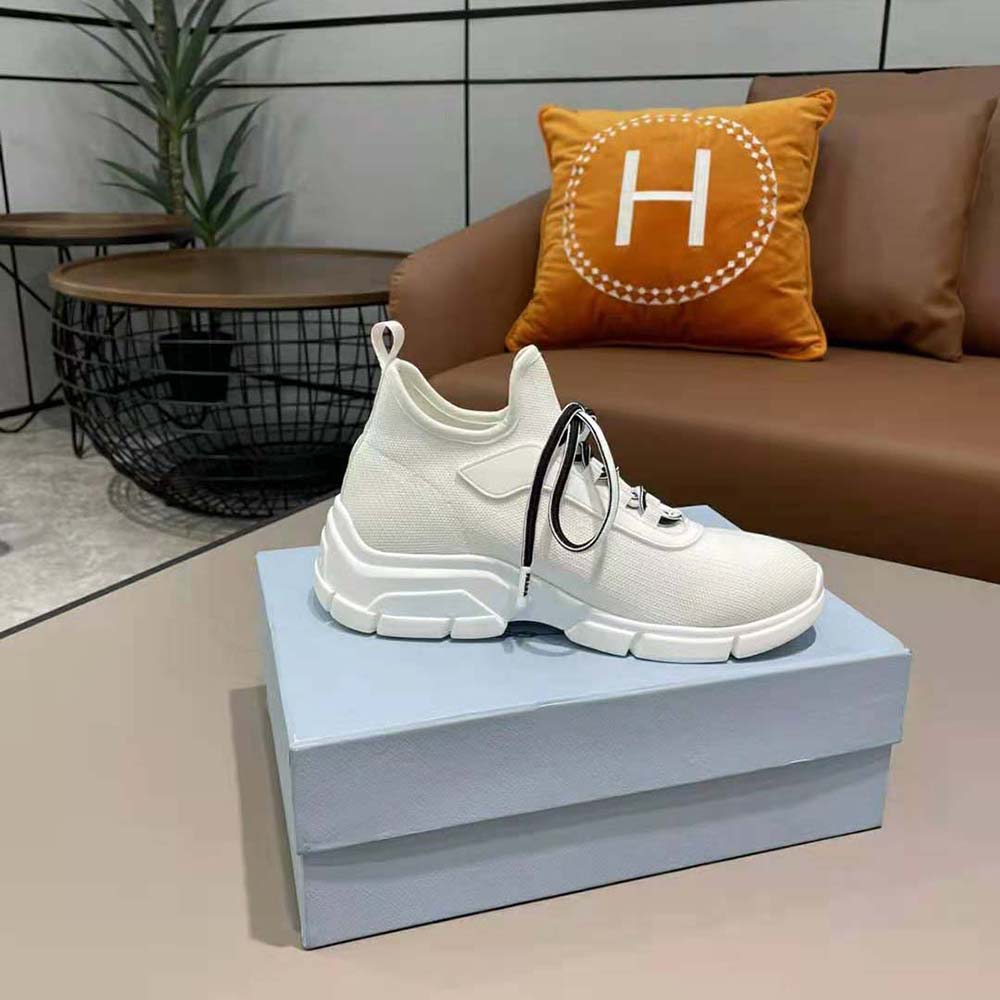 Prada Women The Triangle Logo Decorates These Knit Fabric Sneakers-White - image 7