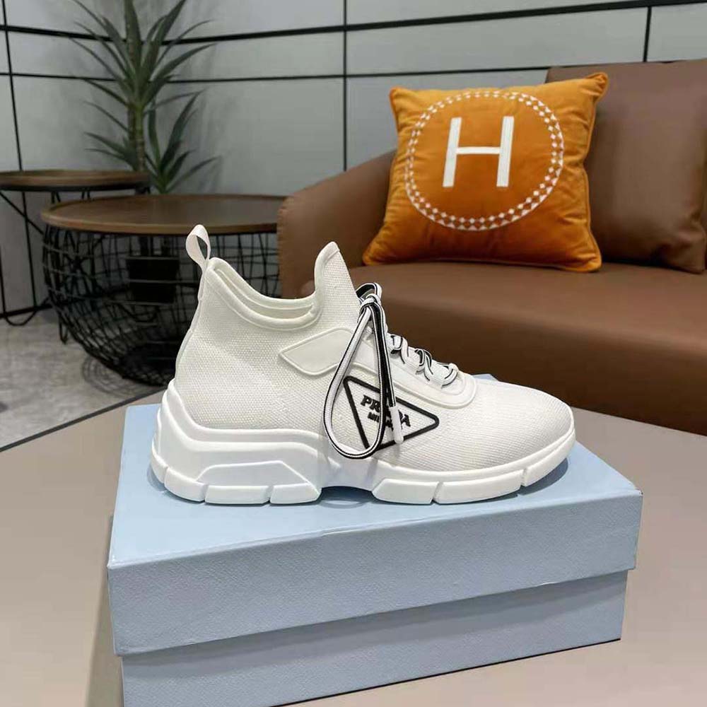 Prada Women The Triangle Logo Decorates These Knit Fabric Sneakers-White - image 6
