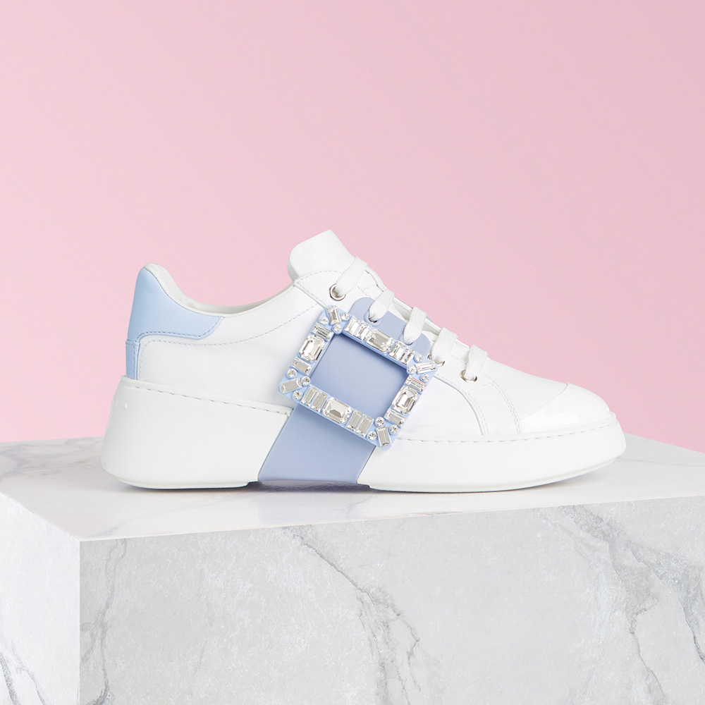 Roger Vivier Women Viv Skate Strass Buckle Sneakers in Soft Leather-Blue