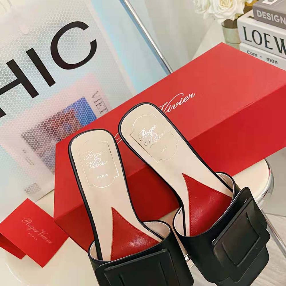 Overhead view showing glossy finish on Roger Vivier Women Covered Buckle Mules
