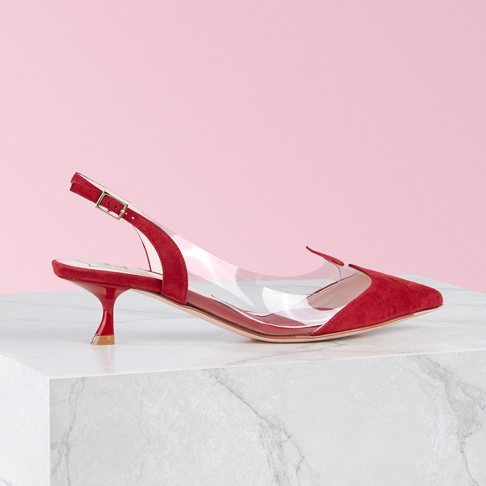 Side view of Roger Vivier Women I Love Vivier Slingback Pumps in PVC-Red