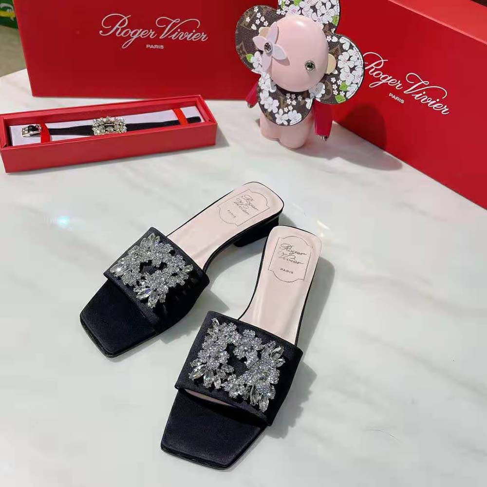 Close-up of crystal-embellished buckle on Roger Vivier RV Bouquet Mules