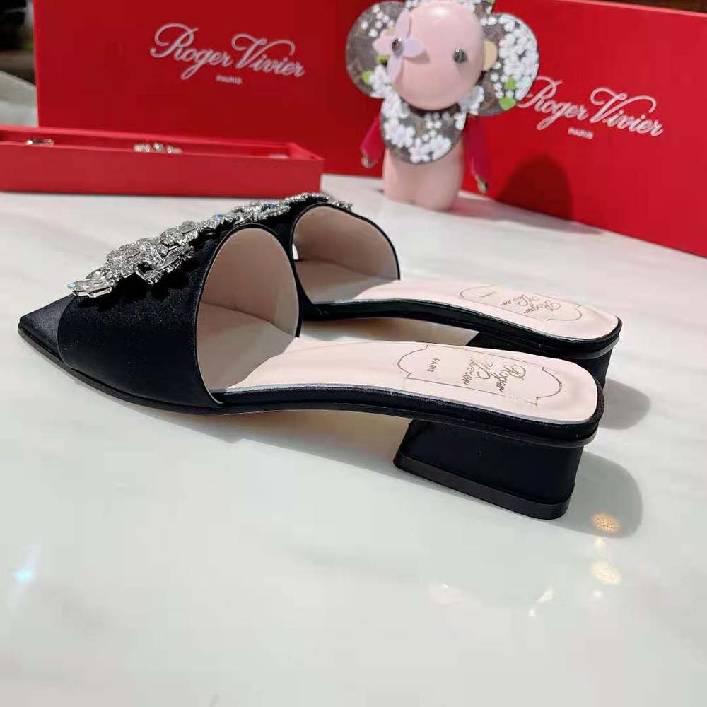 Top angle showing satin texture and 2.5cm heel on Roger Vivier mules