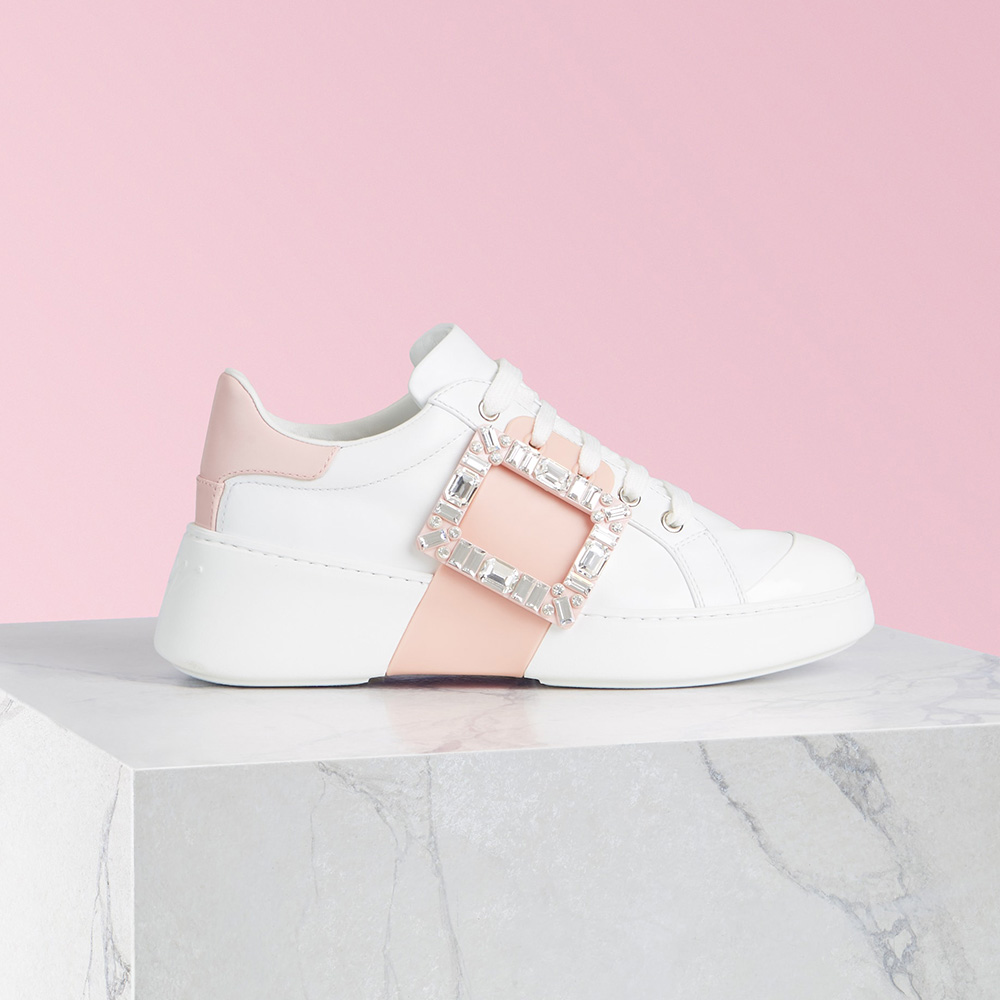 Side view of Roger Vivier Women Viv Skate Strass Buckle Sneakers pink leather