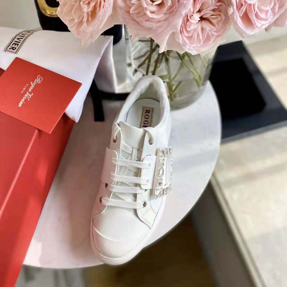 Roger Vivier Women Viv Skate Strass Buckle Sneakers in Soft Leather-White - image 5
