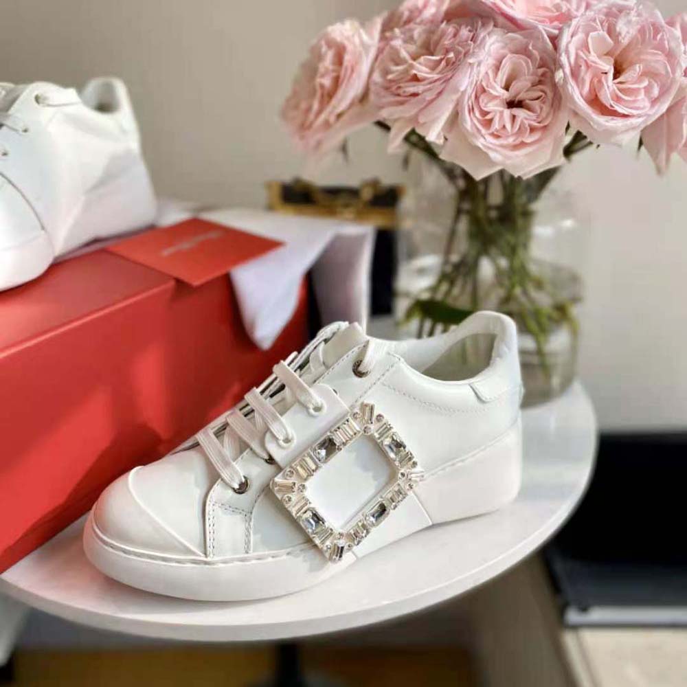 Roger Vivier Women Viv Skate Strass Buckle Sneakers in Soft Leather-White - image 6