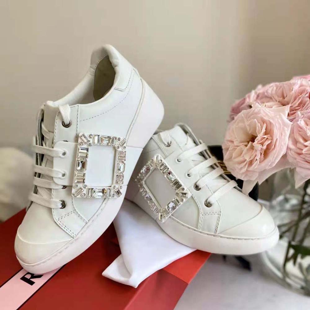 Top angle showing white leather and lace-up detail of Roger Vivier Women Viv Skate Sneakers