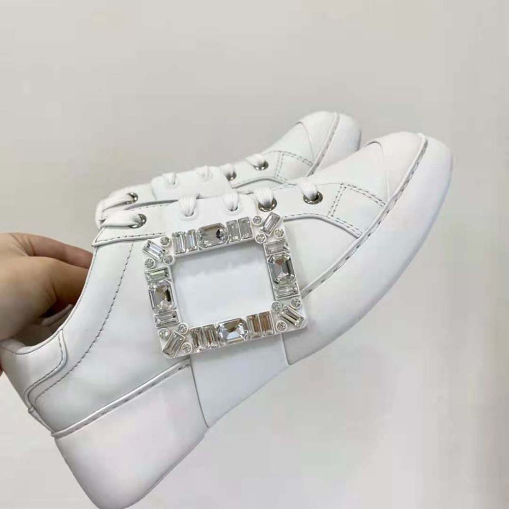 Roger Vivier Women Viv Skate Strass Buckle Sneakers in Soft Leather-White - image 8