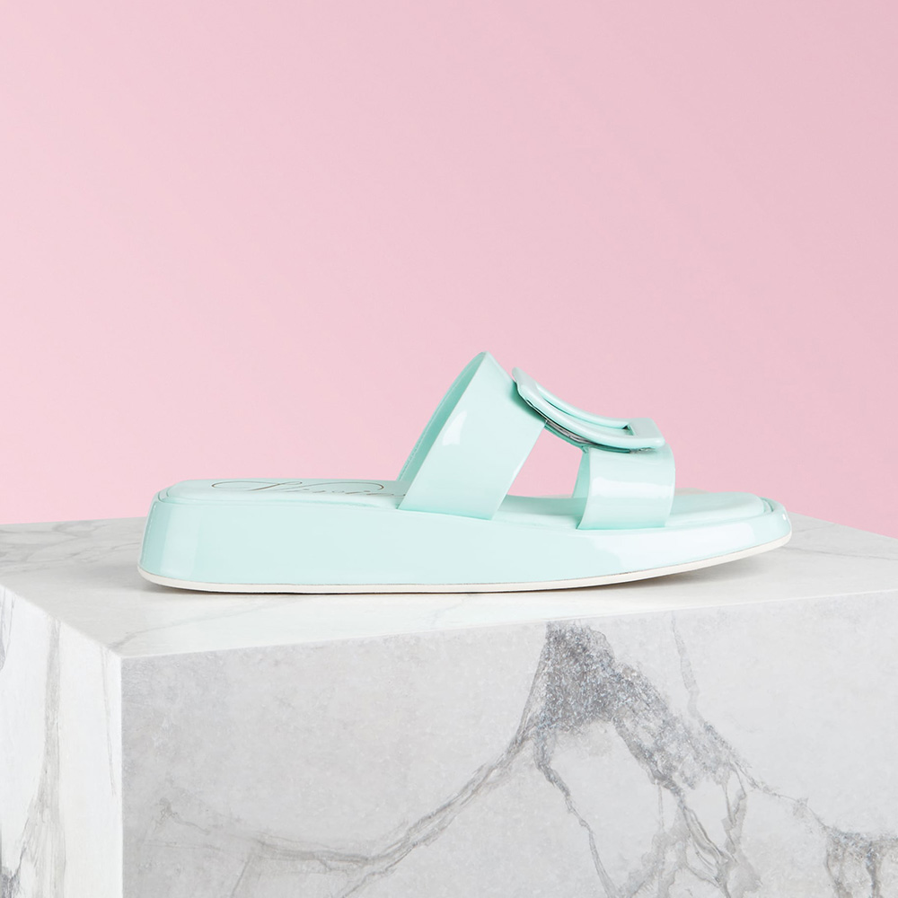 Side view of Roger Vivier Women Vivier Slide Covered Buckle Mules in Patent Leather-Aqua