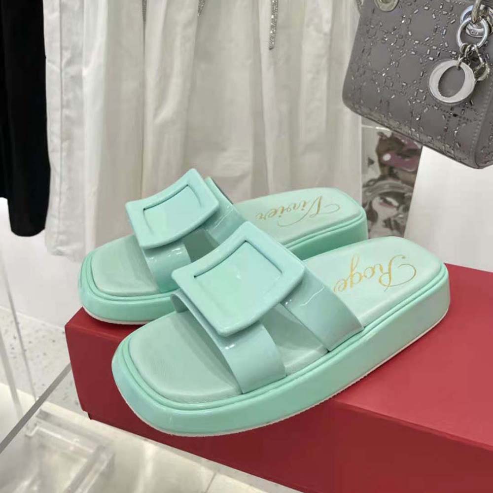 Roger Vivier Women Vivier Slide Covered Buckle Mules in Patent Leather-Aqua - image 4