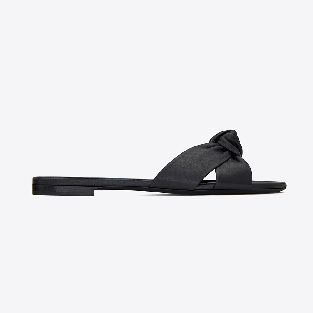 Front view of Saint Laurent YSL Women Bianca Flat Mules in smooth black leather