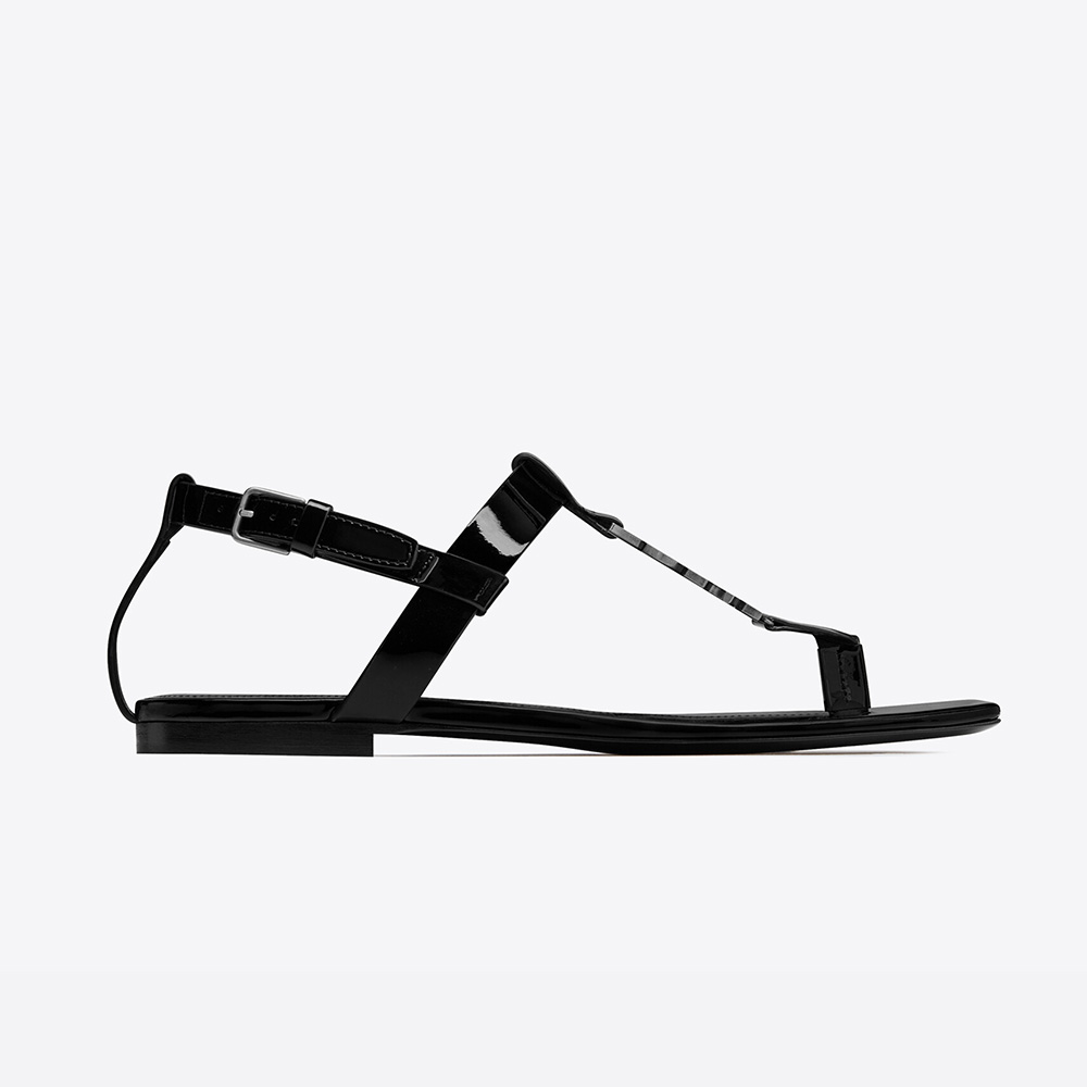 Front angle of Saint Laurent YSL Women Cassandra Flat Sandals patent leather